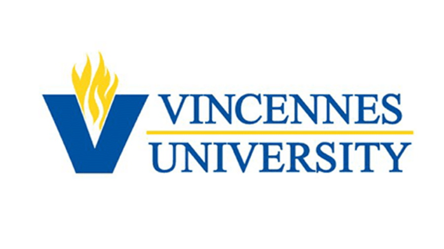 Vincennes University logo with a blue V featuring a yellow flame, and the words Vincennes University in blue text to the right, separated by a yellow horizontal line.