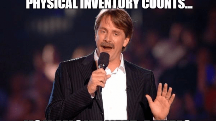 A man with a mustache speaks into a microphone. Text above and below him reads: If you still conduct non-mandated physical inventory counts... You might need a WMS.