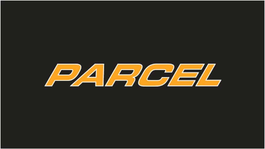 The word PARCEL in bold, italicized, yellow-orange letters with a white outline on a solid black background.