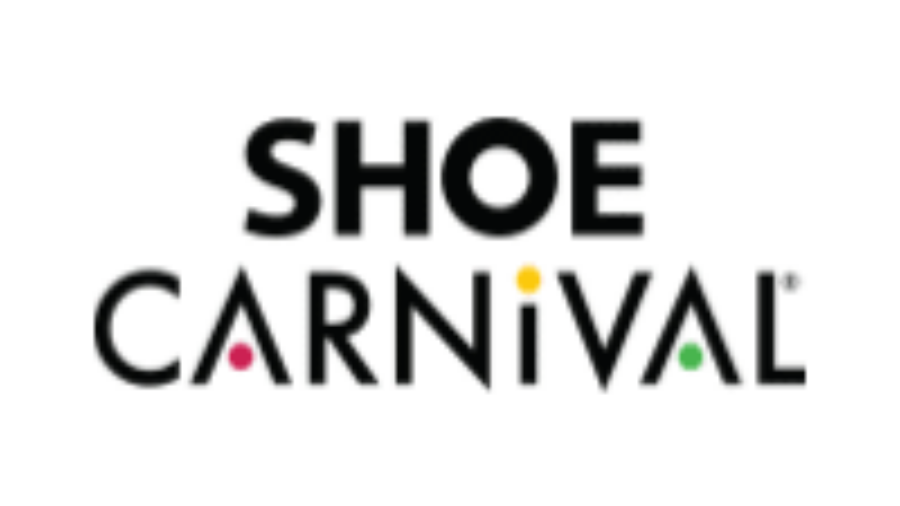 Shoe Carnival logo with bold black text; the word CARNIVAL has colorful dots (yellow, red, green) inside the letters A, I, and A.