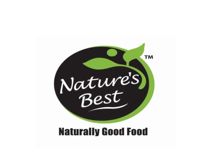 Nature’s Best logo features a black oval with a green outline and leaf design. The words “Nature’s Best” are written in white script, and “Naturally Good Food” appears below in black text.