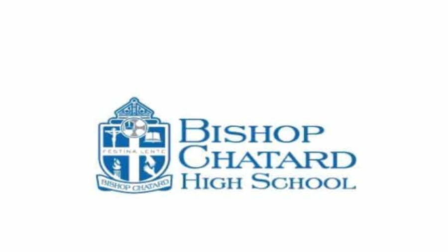 Blue and white Bishop Chatard High School logo featuring a shield with symbols and the Latin phrase FESTINA LENTE above the schools name in bold, uppercase text on a white background.