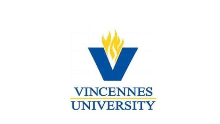 Vincennes University logo featuring a large blue V with a yellow flame above it, and the words Vincennes University in blue text below, separated by a yellow line.