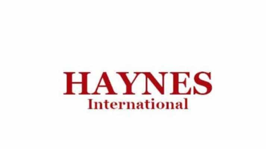 The image shows the logo of Haynes International, with HAYNES in large red uppercase letters and International in smaller red titlecase letters below it on a white background.