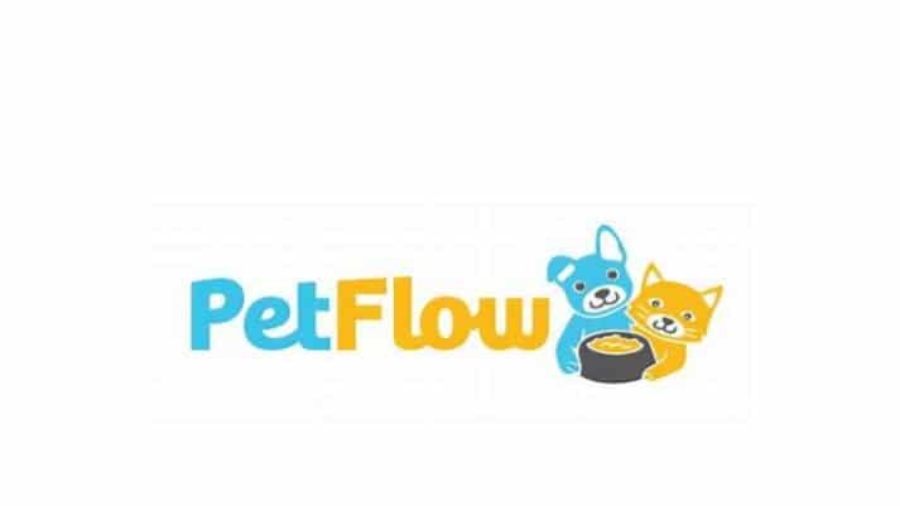 PetFlow logo featuring the word PetFlow in blue and yellow, with a cartoon blue dog and yellow cat holding a bowl of pet food together.