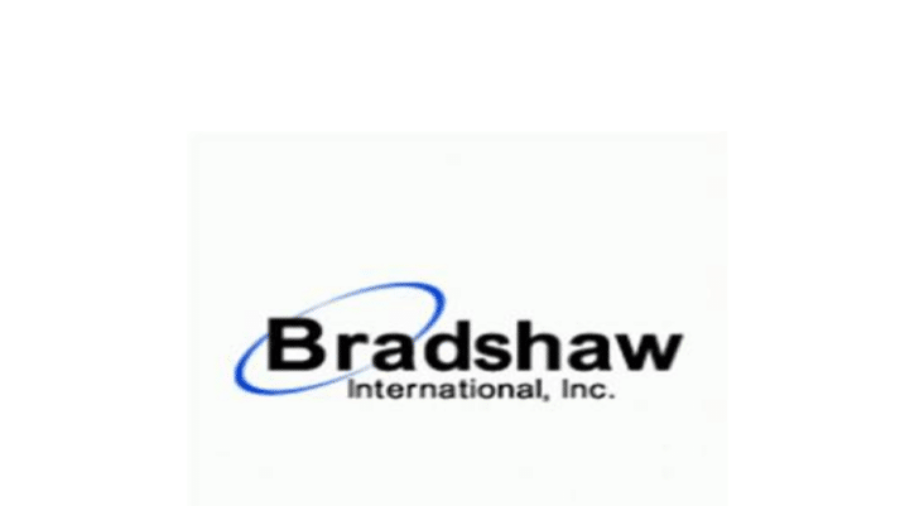 Logo for Bradshaw International, Inc. The word Bradshaw is bold, with a blue oval swoosh crossing through the letter B. International, Inc. is written in smaller text below.