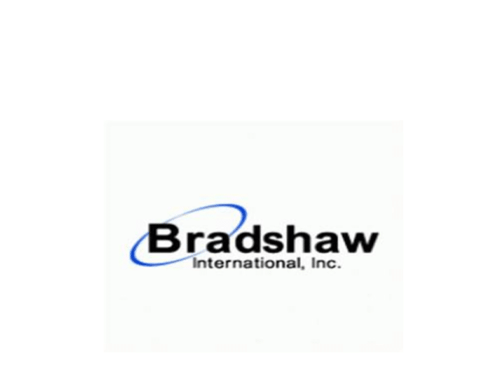 Logo for Bradshaw International, Inc. The word Bradshaw is bold, with a blue oval swoosh crossing through the letter B. International, Inc. is written in smaller text below.