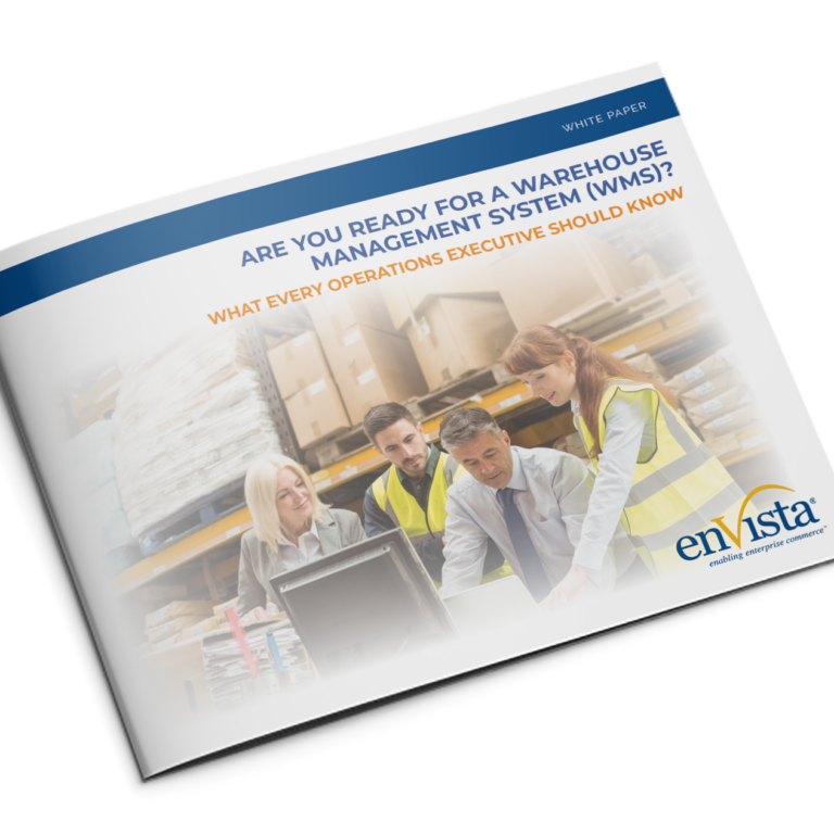 A group of four people in safety vests reviews documents and a computer in a warehouse setting. The cover text reads, “Are You Ready for a Warehouse Management System (WMS)? What Every Operations Executive Should Know.”.