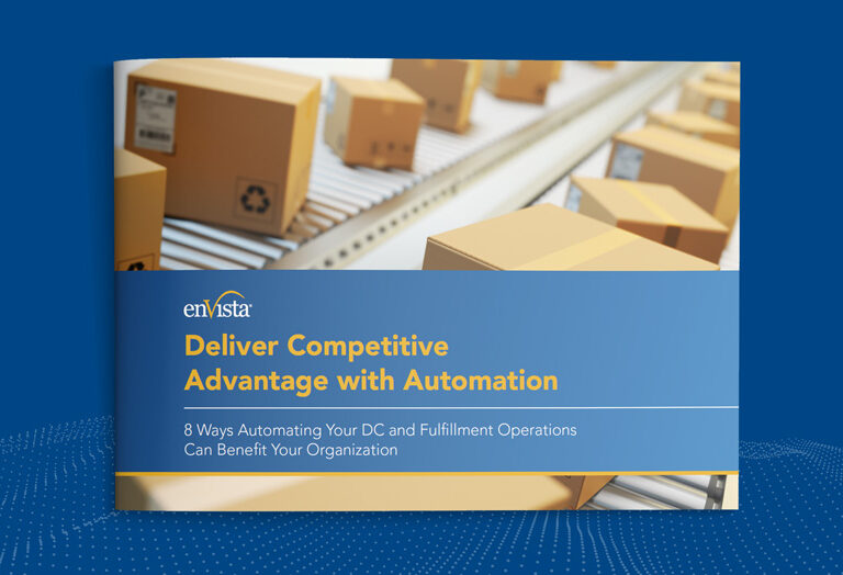 A book cover titled Deliver Competitive Advantage with Automation shows brown cardboard boxes moving on a conveyor belt. The subtitle reads, 8 Ways Automating Your DC and Fulfillment Operations Can Benefit Your Organization.