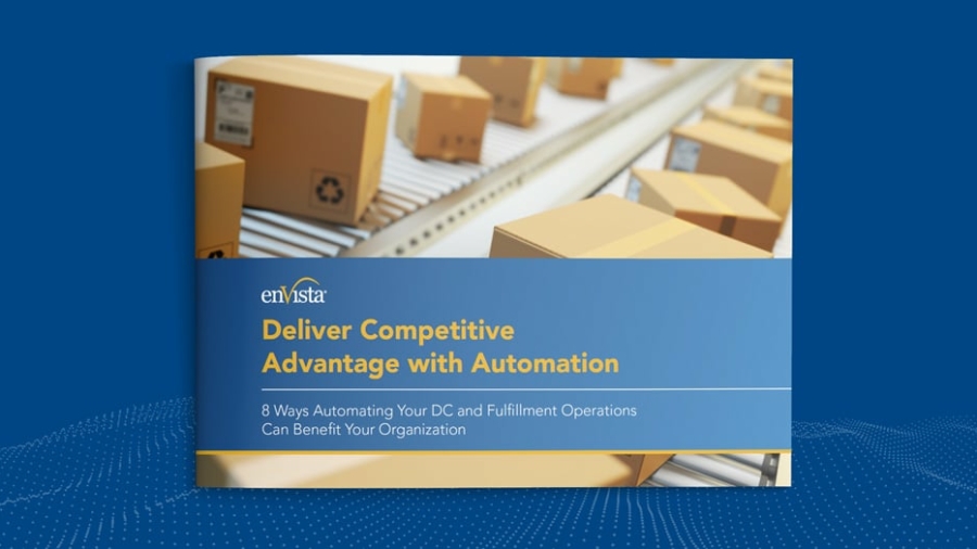 A book cover titled Deliver Competitive Advantage with Automation shows brown cardboard boxes moving on a conveyor belt. The subtitle reads, 8 Ways Automating Your DC and Fulfillment Operations Can Benefit Your Organization.