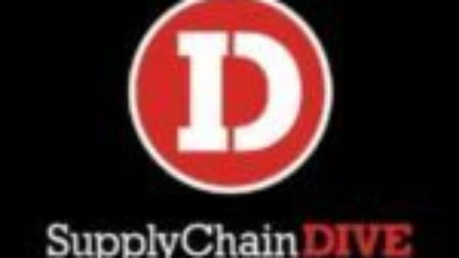 The image shows a red circle with a large white letter D inside. Below the circle, the text reads SupplyChainDIVE with DIVE highlighted in red. The background is black.