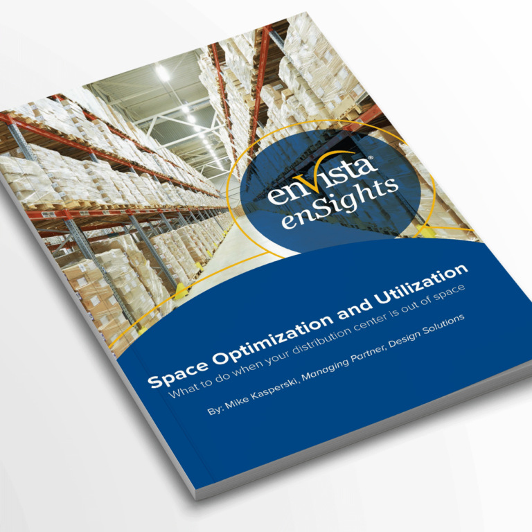 A brochure titled Space Optimization and Utilization by Mike Kasparek features warehouse shelves stacked with boxes, overlaid with a blue section displaying the enVista enSights logo and subtitle about distribution center space.