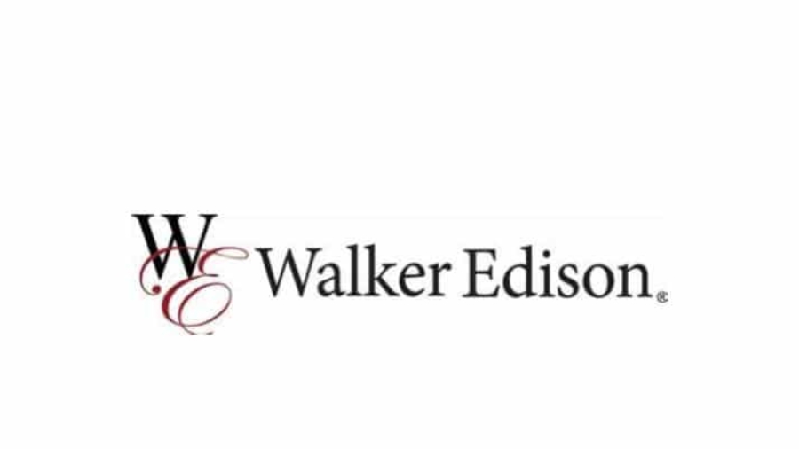 Walker Edison logo with stylized overlapping letters W and E in black and red, followed by the name Walker Edison in black serif font on a white background.