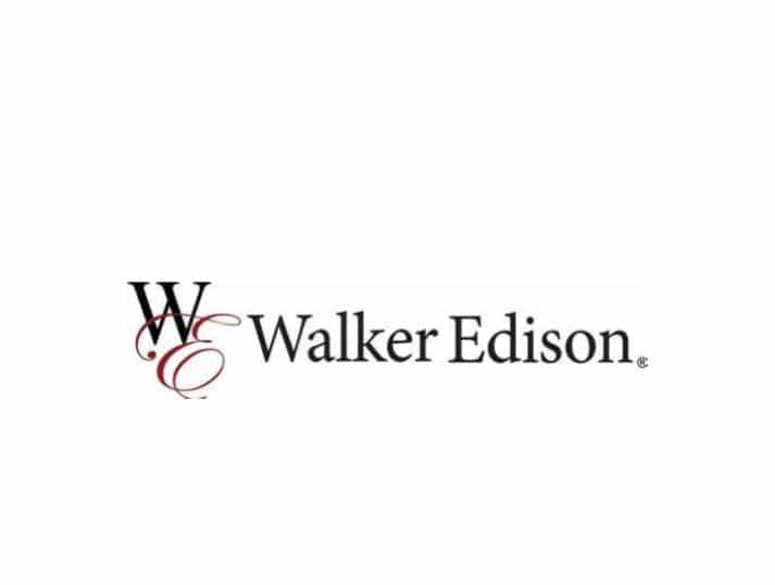 Walker Edison logo with stylized overlapping letters W and E in black and red, followed by the name Walker Edison in black serif font on a white background.