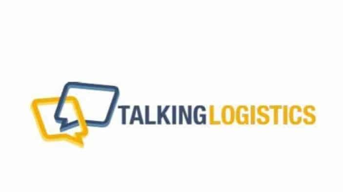 Logo with two overlapping speech bubbles, one yellow and one blue, next to the text TALKING LOGISTICS where TALKING is in blue and LOGISTICS is in yellow, on a white background.