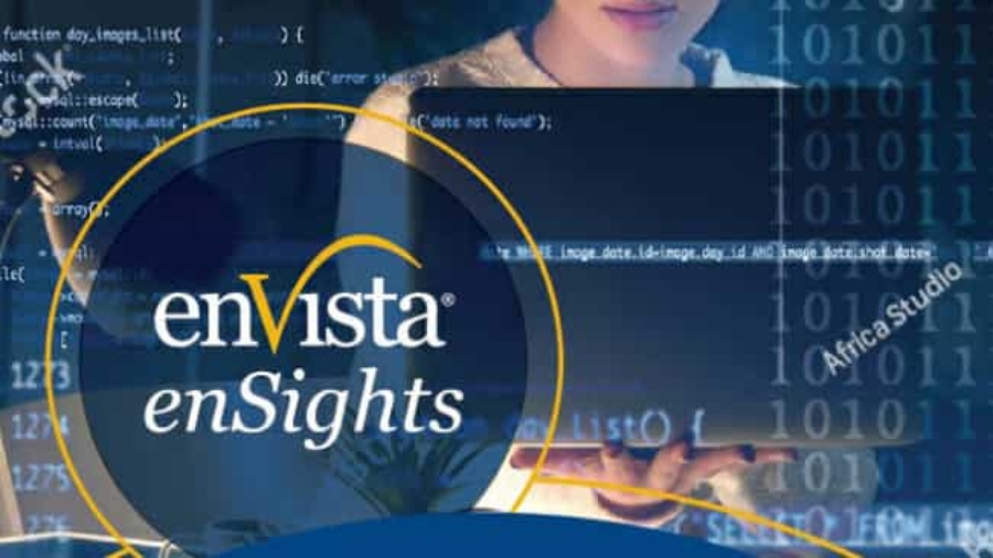 A person holds a laptop displaying code. The screen is overlaid with binary numbers and the text “enVista enSights” in a circular design. The overall theme suggests technology and data analysis.
