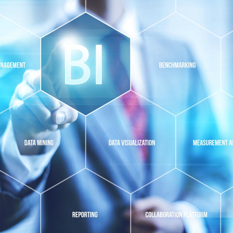 A person in a suit touches a glowing BI icon on a transparent hexagonal interface, surrounded by terms like knowledge management, benchmarking, data mining, data visualization, and measurement analysis.
