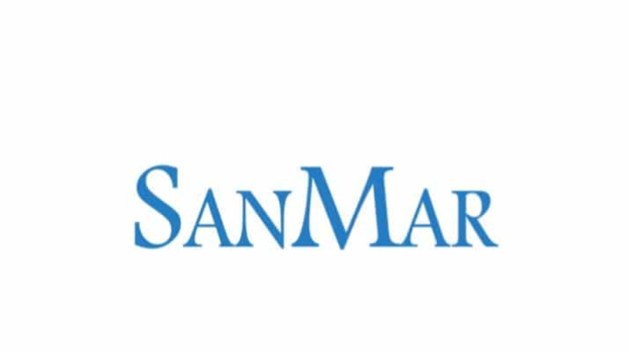 The image shows the word SanMar written in blue, uppercase serif font on a plain white background.