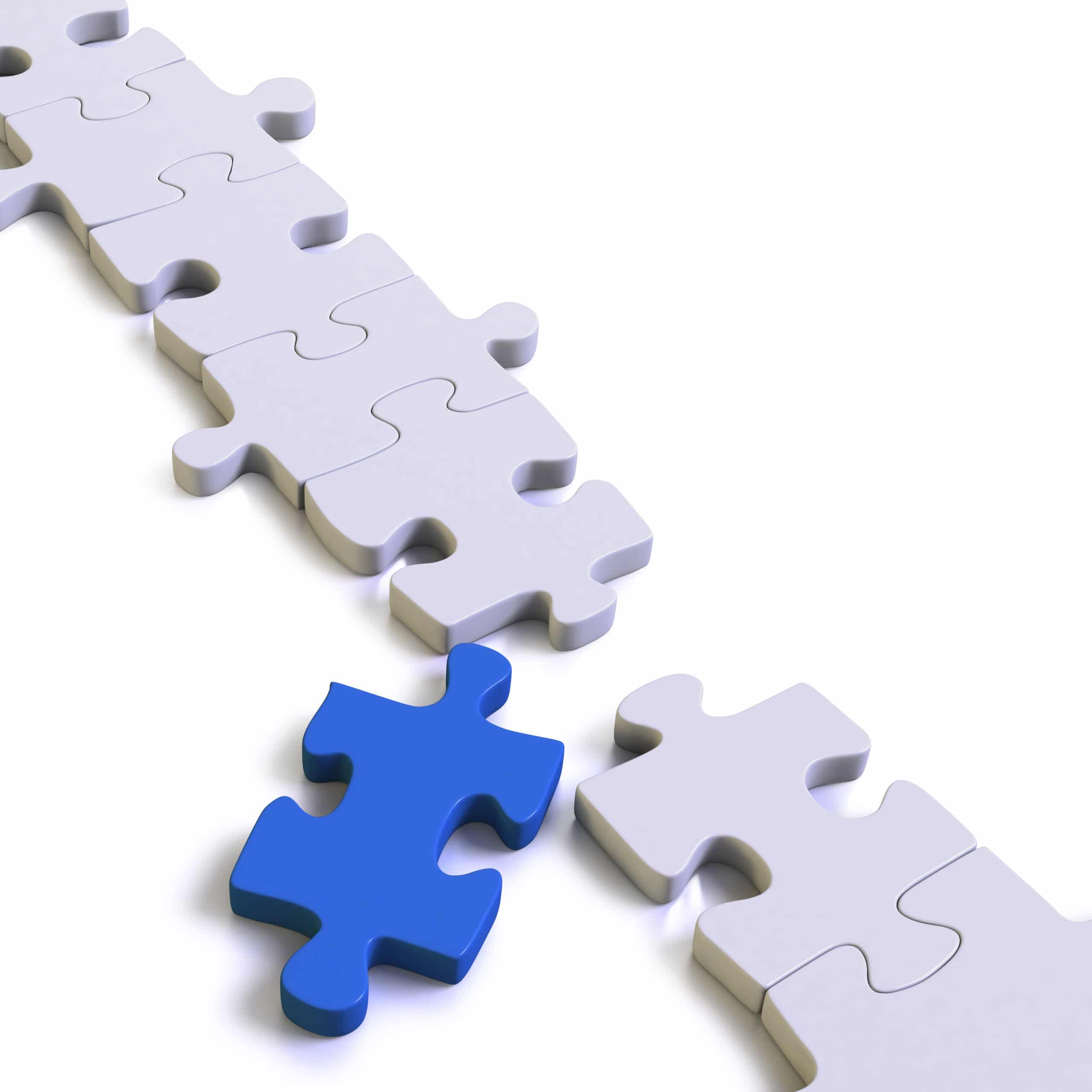 A row of white puzzle pieces with one missing piece. A single blue puzzle piece is positioned in front of the gap, ready to be placed into the empty spot.