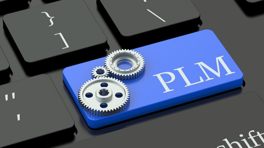 A close-up of a keyboard with a large blue key labeled PLM and decorated with three silver gears, symbolizing Product Lifecycle Management. Surrounding keys are black with white symbols.