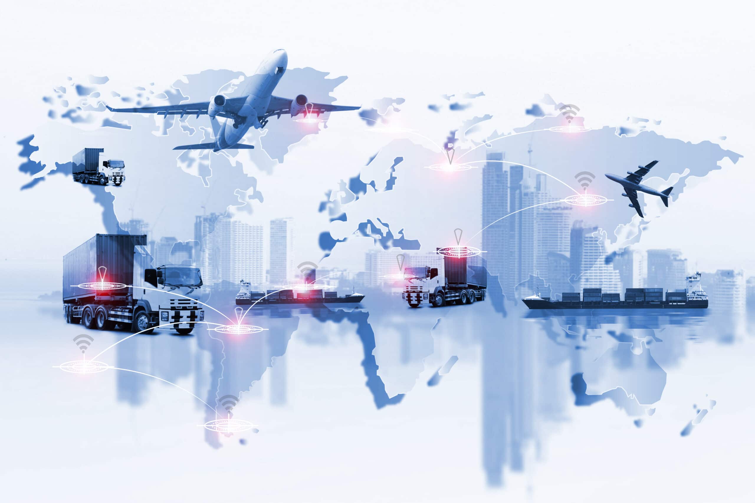 A world map overlaid with various transportation modes—cargo ships, airplanes, trucks, and containers—connected by digital network icons, symbolizing global logistics and supply chain connectivity.