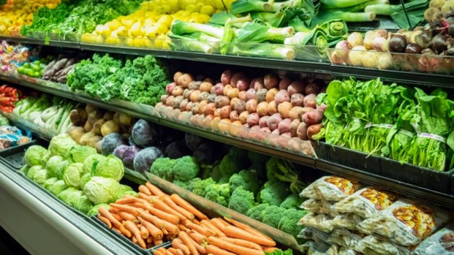 A grocery store produce section displays neatly arranged fresh vegetables, including carrots, lettuce, broccoli, potatoes, leeks, and yellow squash, all stacked on shelves in colorful rows.