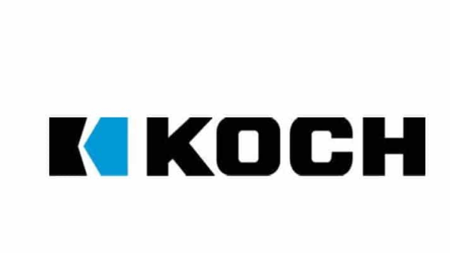 The image shows the KOCH logo with a black K graphic featuring a blue triangle and the word KOCH in bold, black uppercase letters on a white background.