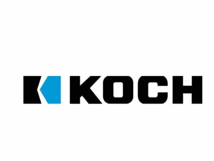 The image shows the KOCH logo with a black K graphic featuring a blue triangle and the word KOCH in bold, black uppercase letters on a white background.