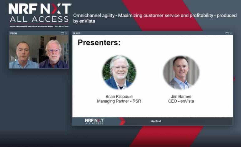 Screenshot of a virtual conference presentation showing two speakers video feeds on the left and a slide with headshots of presenters Brian Kilcourse and Jim Barnes on the right, with the NRF NXT All Access branding.