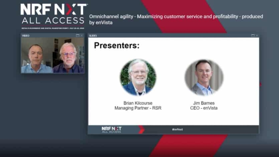 Screenshot of a virtual conference presentation showing two speakers video feeds on the left and a slide with headshots of presenters Brian Kilcourse and Jim Barnes on the right, with the NRF NXT All Access branding.