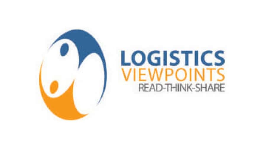 Logo for Logistics Viewpoints featuring an abstract blue and orange circular design beside the text LOGISTICS VIEWPOINTS READ-THINK-SHARE in bold and regular fonts.