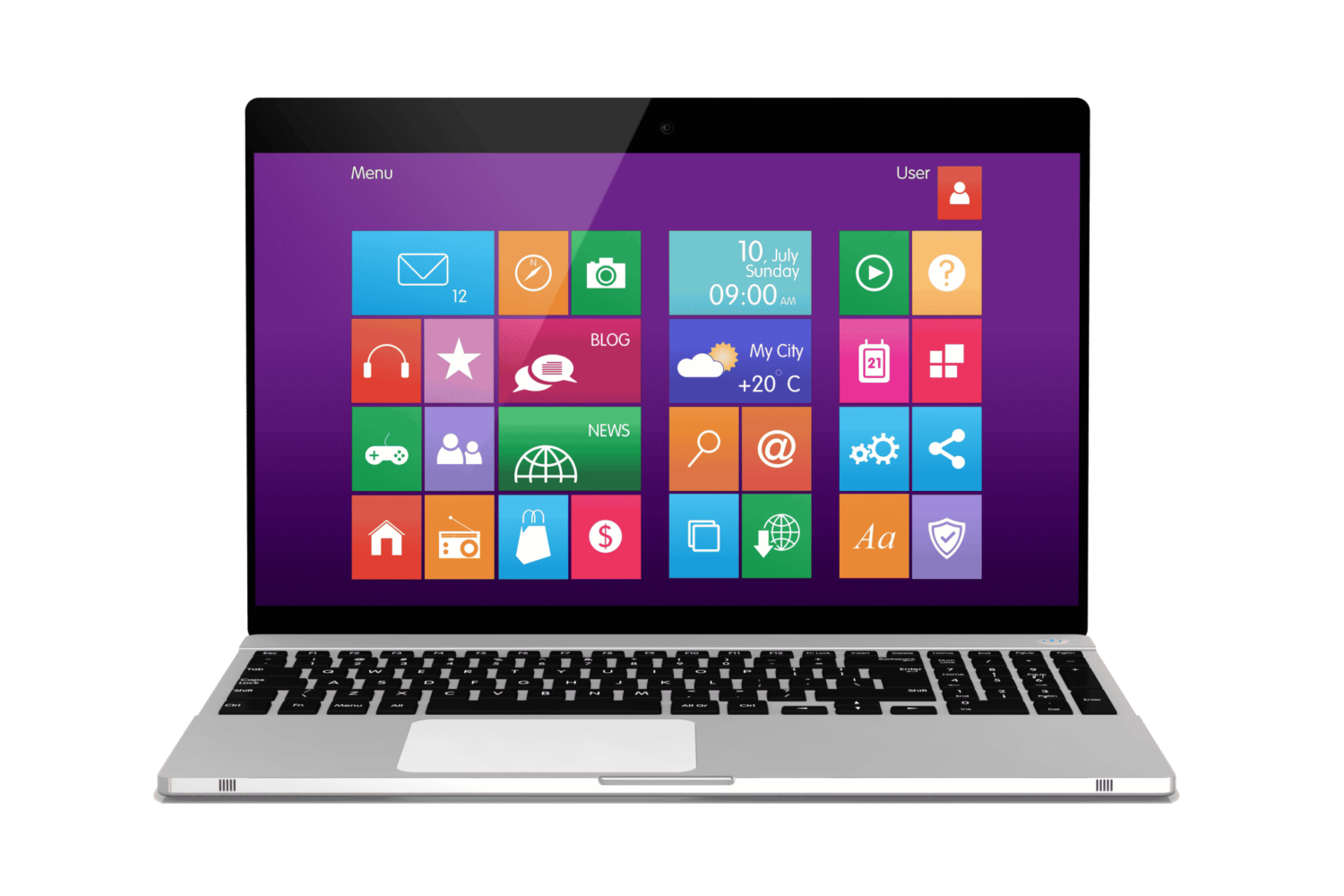 A laptop with a colorful tile-based user interface displayed on the screen, featuring icons for mail, calendar, weather, camera, music, and Microsoft Business Solutions apps against a white background.