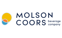 Molson Coors Beverage Company logo featuring bold blue text and a circular abstract design with overlapping yellow, orange, and blue shapes on a light background.