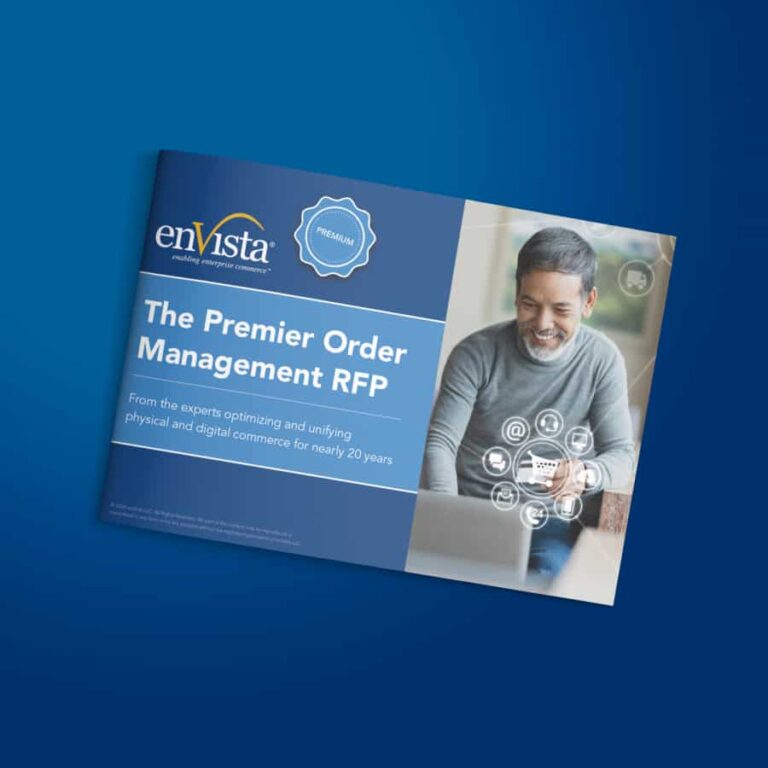 A brochure with the title The Premier Order Management RFP next to a smiling man using a laptop. The enVista logo and digital commerce icons are also visible on a blue background.