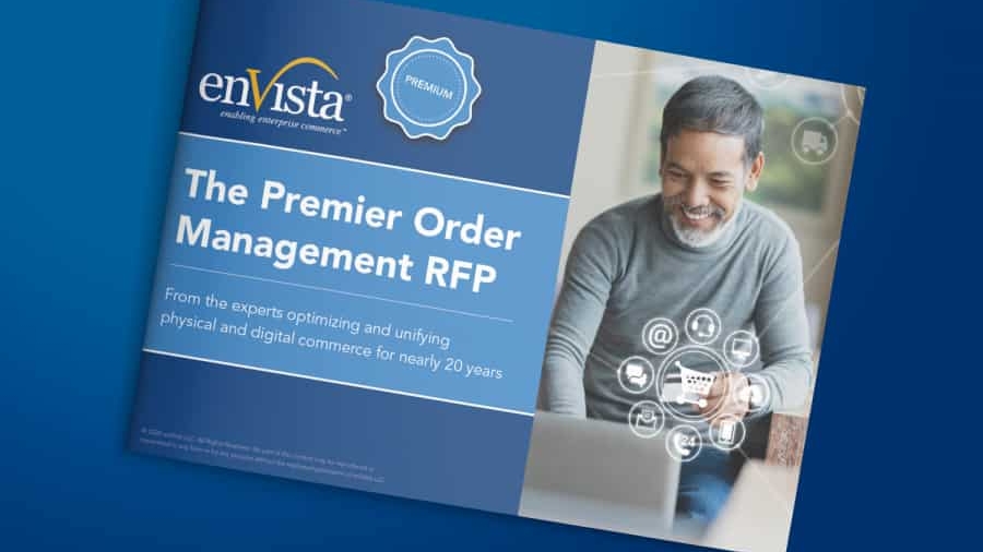 A brochure with the title The Premier Order Management RFP next to a smiling man using a laptop. The enVista logo and digital commerce icons are also visible on a blue background.