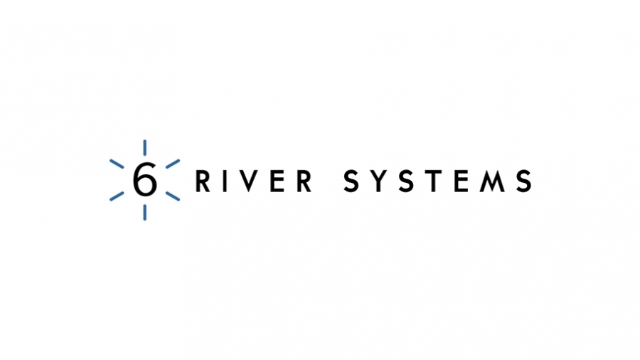 Logo for 6 River Systems featuring a stylized number 6 surrounded by small blue lines, followed by the words RIVER SYSTEMS in black uppercase letters on a white background.