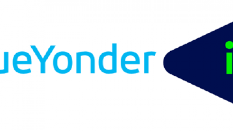 Blue Yonder icon logo with BlueYonder in light blue text and icon in blue and green text inside a dark blue rounded shape.