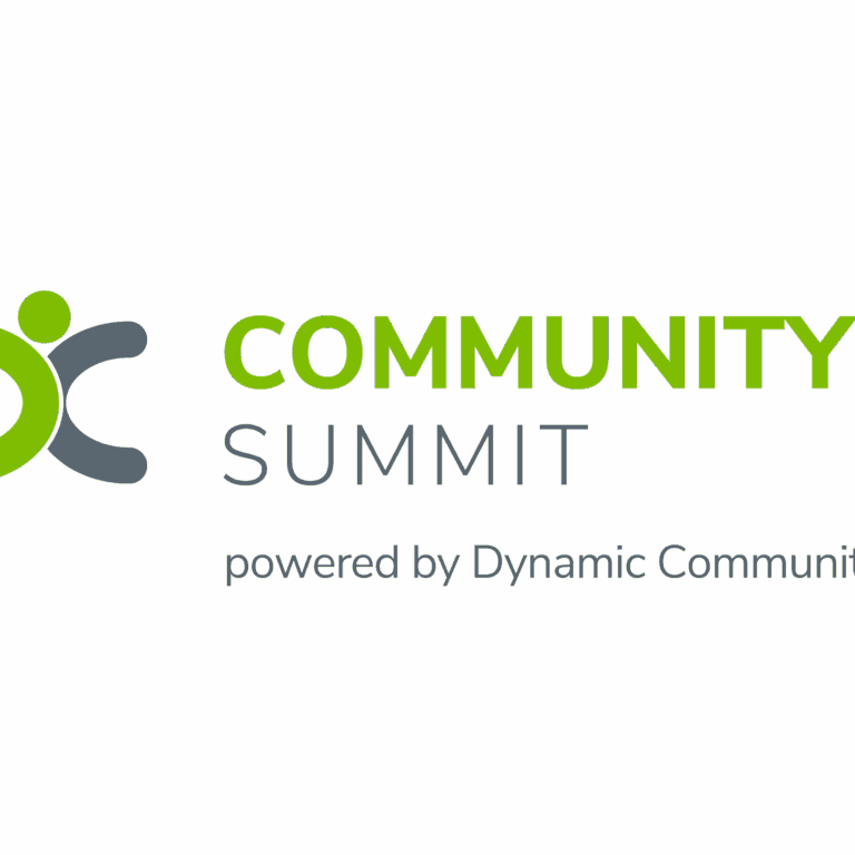 Logo with a green and gray abstract human figure beside the text COMMUNITY SUMMIT and powered by Dynamic Communities on a light background.