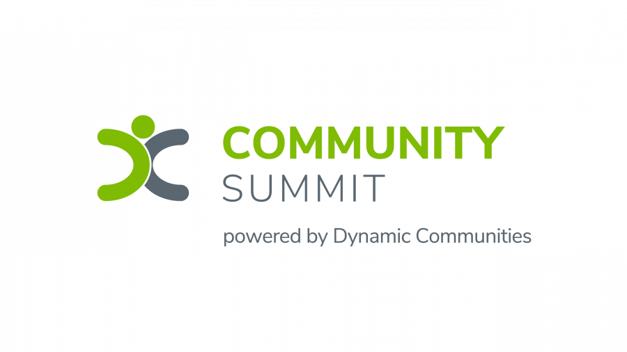 Logo with a green and gray abstract human figure beside the text COMMUNITY SUMMIT and powered by Dynamic Communities on a light background.