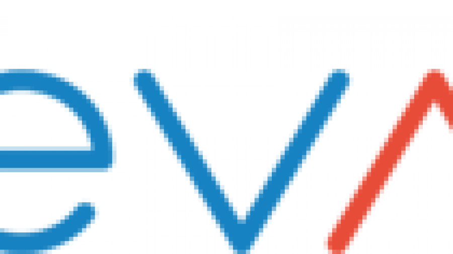 The word elevate is written in lowercase blue letters with a modern font; the v is stylized in red as an upside-down V, contrasting with the rest of the blue letters.