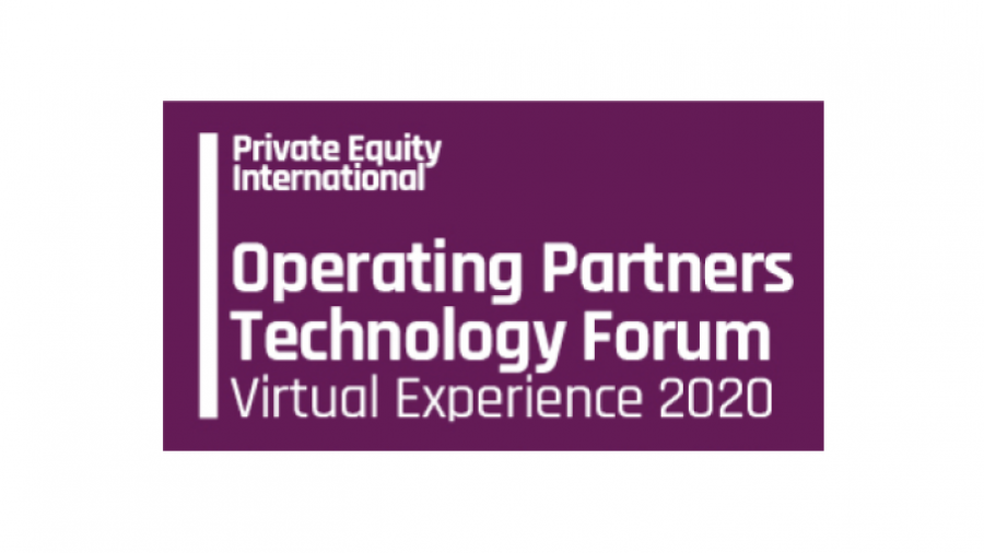 Purple rectangular logo with white text: “Private Equity International Operating Partners Technology Forum Virtual Experience 2020” on a white background.
