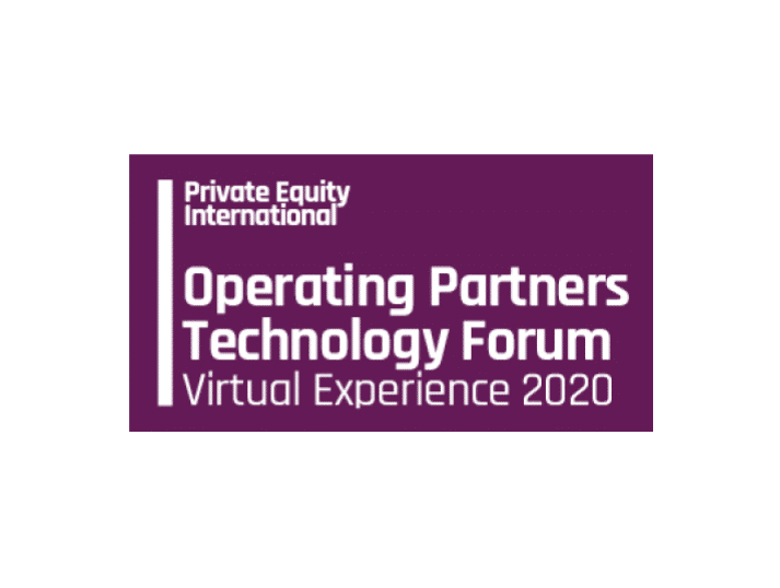 Purple rectangular logo with white text: “Private Equity International Operating Partners Technology Forum Virtual Experience 2020” on a white background.