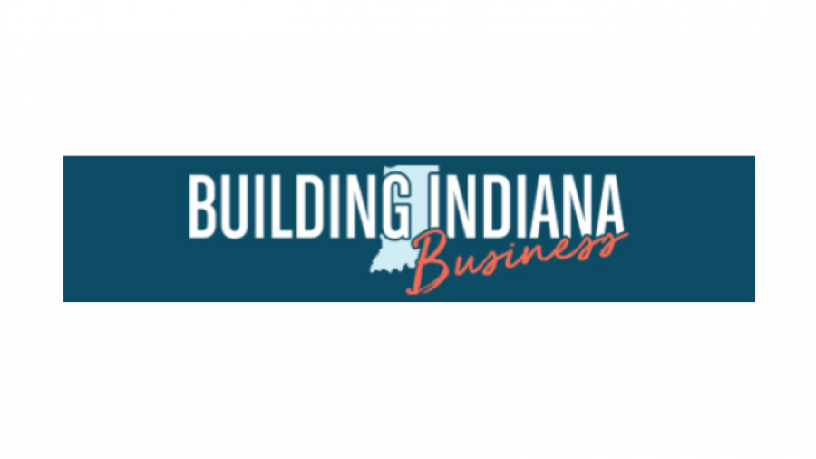 Logo for Building Indiana Business. The text is white and red on a blue background, with an outline of the state of Indiana incorporated into the word “Indiana.”.