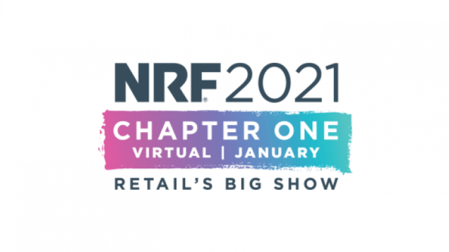 Logo for NRF 2021: Chapter One, Virtual | January with a colorful paint stroke behind Chapter One, and the tagline Retail’s Big Show underneath, all on a white background.
