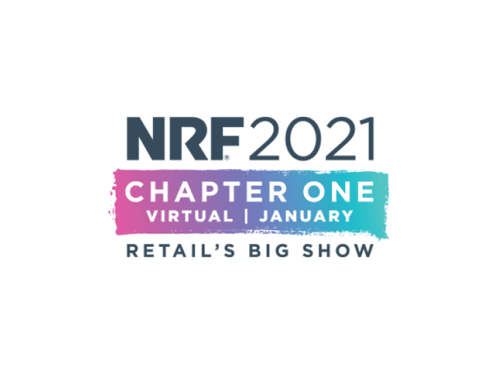 Logo for NRF 2021: Chapter One, Virtual | January with a colorful paint stroke behind Chapter One, and the tagline Retail’s Big Show underneath, all on a white background.