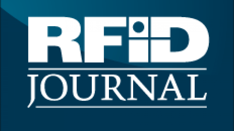 Logo for RFID Journal, featuring bold white letters RFID above the word JOURNAL in all caps on a blue background. The letter I in RFID has a dot resembling a radio signal.