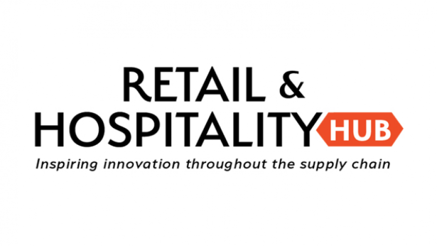 Logo with the text Retail & Hospitality Hub in bold, with Hub inside an orange rectangle. Below is the tagline: Inspiring innovation throughout the supply chain. White background.