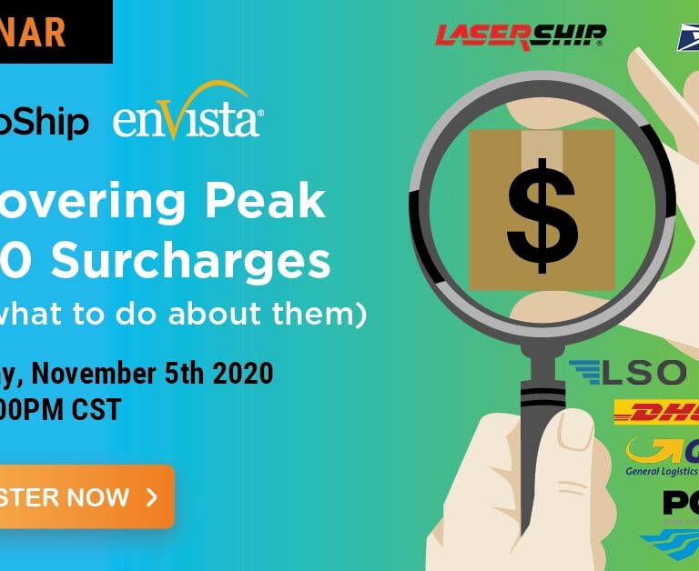 Webinar promo image with shipping company logos, a hand holding a box with a dollar sign, and details: Uncovering Peak 2020 Surcharges, November 5th, 2020, 1:00-2:00PM CST, plus a Register Now button.