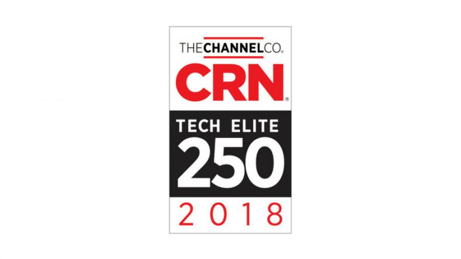 Logo with text: “THE CHANNEL CO. CRN TECH ELITE 250 2018” in black, red, and white, representing a technology recognition award.