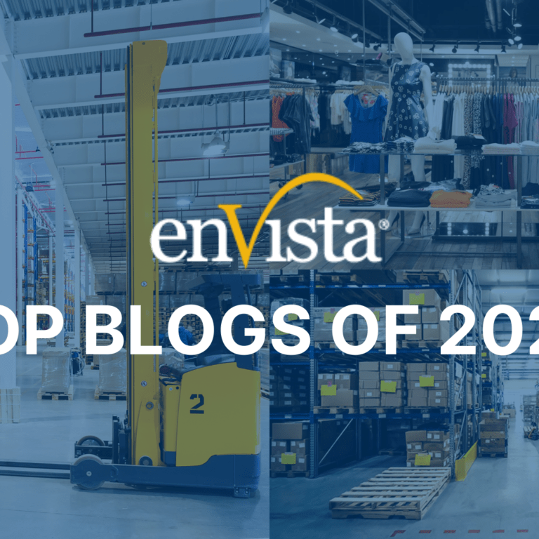 A collage featuring warehouse and retail store scenes with the enVista logo and the text TOP BLOGS OF 2020 overlaid in bold white letters.